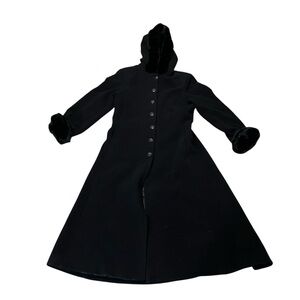 Donnybrook Womens Black Wool/Polyester Blend Long Coat- Faux Fur Trim- Size 12